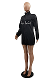 Utility Letter Long Sleeve Lapel Neck Embroidered Mini Dress NYY8004
