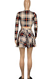 Womenswear Plaid Long Sleeve Midriff Ruffle Skirts Sets CY1303