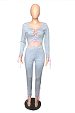 Casual Long Sleeve V Neck Knot Side Self Belted Tee Top Mid Waist Long Pants Sets WXY5525