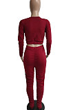 Autumn Winter Two-Piece V Neck Waist Long Pants Shirred Detail Sets XT8830