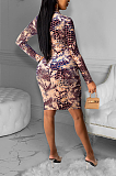 Casual Polyester Snake Pattern Long Sleeve Round Neck Mid Waist Midi Dress R6392