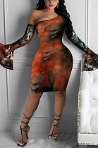 Casual Polyester Snake Pattern Flare Long Sleeve Off Shoulder Mid Waist Midi Dress R6393