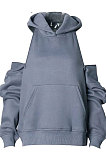 Shoulder Zipper Pure Color Hooded Long T Shirt Fleece BLK1083