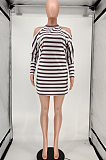 Stripe Print Casual Off-The-Shoulder Dress AA5208