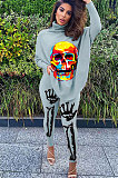Fashion Casual Printing Skeleton Personality Bat Sleeve Open Fork Jacket Long Pants Two-piece BLK1084