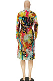 Fashion Suit Collar Printing Mid Long Pattern Dust Coat BLK1192