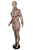 Casual Polyester Long Sleeve Printing Round Neck Mid Waist Mini Dress YY5255