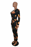 Sexy Floral Long Sleeve Deep V Neck Drawstring Waist Bodycon Jumpsuit SH7919