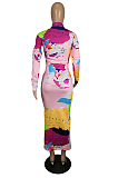 Casual Polyester Map Printing Long Sleeve Round Neck Long Dress YY5253