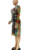 Fashion Suit Collar Printing Mid Long Pattern Dust Coat BLK1192