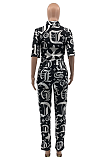 Casual Polyester Pop Art Print Short Sleeve Lapel Neck Buttoned Long Pants Sets JC7041