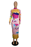 Casual Polyester Map Printing Long Sleeve Round Neck Long Dress YY5253