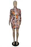 Casual Polyester Long Sleeve Printing Round Neck Mid Waist Mini Dress YY5255
