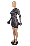 Casual Flare Long Sleeve Halterneck Round Neck Mid Waist Mini Dress YY5252