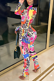 Night Out Sexy Pop Art Print Long Sleeve Round Neck Bodycon Jumpsuit K8948