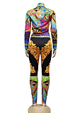 Fashion Printing Casual Polyester Round Neck Utility Blouse Long Pants Sets YZ2320