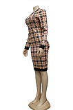 Elegant Polyester Plaid Long Sleeve Round Neck Spliced Mid Waist Mini Dress YZ2381