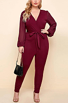 Casual Polyester Long Sleeve V Neck Self Belted Bodycon Jumpsuit Tube Jumpsuit SN2128