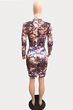 Casual Polyester Snake Pattern Long Sleeve Round Neck Mid Waist Midi Dress R6392