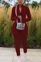 Sporty Sexy Polyester Long Sleeve Round Neck Zipper Bodycon Jumpsuit ED8352
