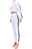 Fashion Elegant Long Sleeve Round Neck Spliced Tee Top Mid Waist Long Pants Sets MDF5197