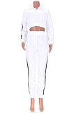 Fashion Elegant Long Sleeve Round Neck Spliced Tee Top Mid Waist Long Pants Sets MDF5197