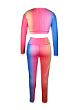 Sexy Tie Dye Long Sleeve Round Neck Crop Top Tee Top Long Pants Sets QQM4168