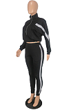 Black Casual Polyester Long Sleeve Utility Blouse Long Pants Sets YY5205