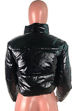 Bright Surface PU Stand Collar Down Jacket Pure Color Zipper Coat QZ4559