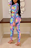 Night Out Sexy Tie Dye Long Sleeve Round Neck Crop Top Capris Pants Sets QQM4173
