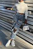 Street Style Loose Ripped Slimming Buttoned Long Pants Wide Leg Pants Jeans JLX5502