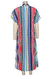 Multi Casual Sexy Polyester Striped Short Sleeve Spliced Mid Waist Long Dress SMR10008