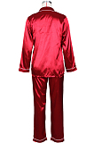 Wine Red Casual Polyester Long Sleeve Utility Blouse Long Pants Sets ZS0284