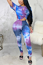 Sexy Tie Dye Short Sleeve Round Neck Tee Top Mid Waist Long Pants Sets SMR9895