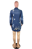 Cotton Geometric Graphic Ripped Slimming Long Sleeve Lapel Neck Buttoned Denim Jacket JLX6046