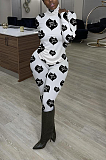 Casual Letter Heart Graphic Mouth Graphic Long Sleeve High Neck Spliced Tee Top Capris Pants Sets WY6757