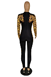 Autumn Winter Casual Leopard Long Sleeve Round Neck Spliced Bodycon Jumpsuit E8561