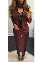 Casual Polyester Long Sleeve V Neck Self Belted Hollow Out Mid Waist Long Pants Sets L0335