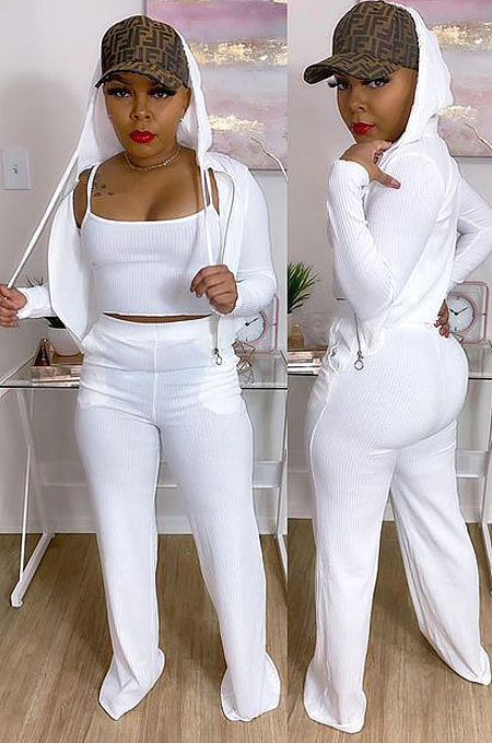 White Hooded Zipper Pocket Casual Sets Three Piece JZH8022
