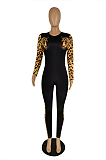 Autumn Winter Casual Leopard Long Sleeve Round Neck Spliced Bodycon Jumpsuit E8561