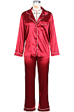 Wine Red Casual Polyester Long Sleeve Utility Blouse Long Pants Sets ZS0284
