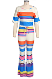 Sexy Striped Short Sleeve Round Neck Self Belted Crop Top Mid Waist Flare Leg Pants Sets SMR10002