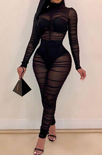 Sexy Net Yarn Perspective Ruffle Cultivate One's Morality Long Sleeve Jumpsuits MA6158