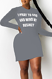 Casual Polyester Letter Long Sleeve Round Neck High Waist Mini Dress SH7206
