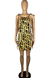 Golden Sexy Polyester Leopard Sleeveless Self Belted Spaghetti Strap  Open Back High Waist Mini Dress SH7207