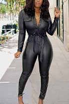 Casual Pu Leather Long Sleeve Buttoned Self Belted Bodycon Jumpsuit D8414
