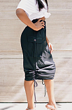New Casual Polyester Drawstring Flat Pocket Ruffle Mid Waist Long Skirt D8413