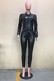 Casual Pu Leather Long Sleeve Buttoned Self Belted Bodycon Jumpsuit D8414