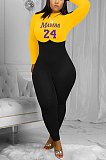 Casual Polyester Letter Long Sleeve Round Neck Spliced Bodycon Jumpsuit YFS3647