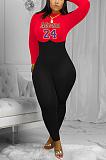 Casual Polyester Letter Long Sleeve Round Neck Spliced Bodycon Jumpsuit YFS3647